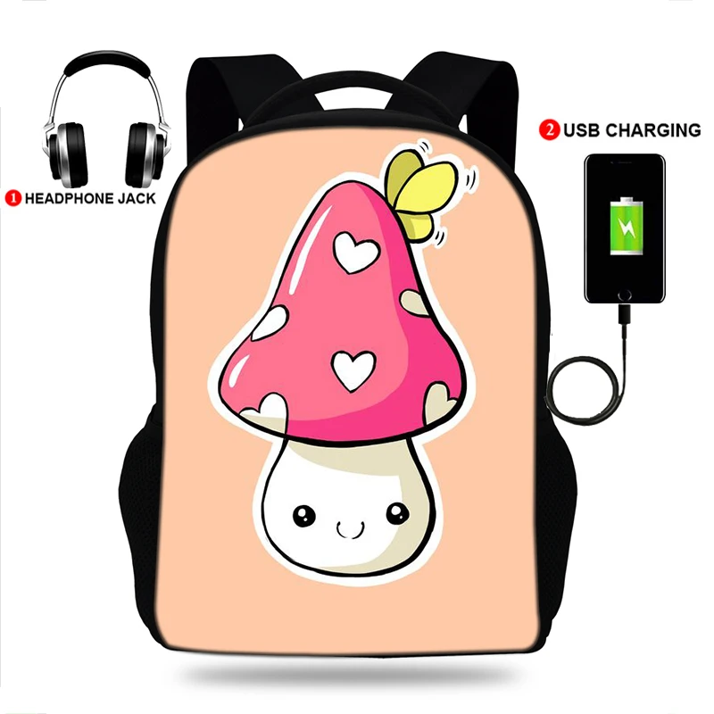 17-Inch Cute Mushroom Backpack For Teenagers USB Charge  Print Girls Rucksack Children School Bag