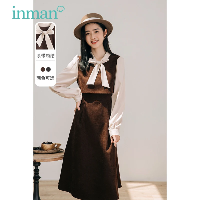 

INMAN Autumn Women's Dress Elegant Sweet Style Color Contrast Bandage Long Sleeve A-Line Casual OL Female One-Piece