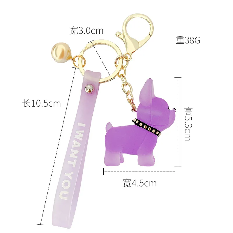 Cute Crystal French Bulldog Keychain Leather Rope Keyring Holder Punk Style Penant Bag Charm Trinket Chaveiros Bag Accessories