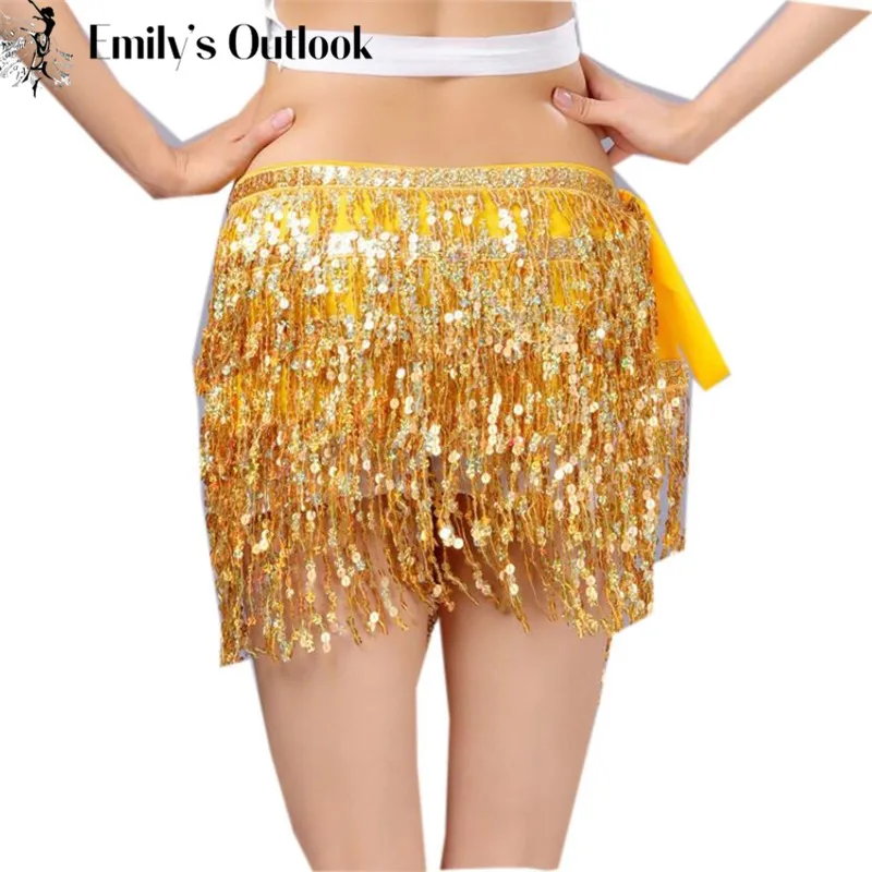 Women\'s Sequin Skirt Glitter Belly Dance Hip Mini Tassel Scarf Rave Wrap Belt Stage Performance Party Costume Cowgirl Outfit