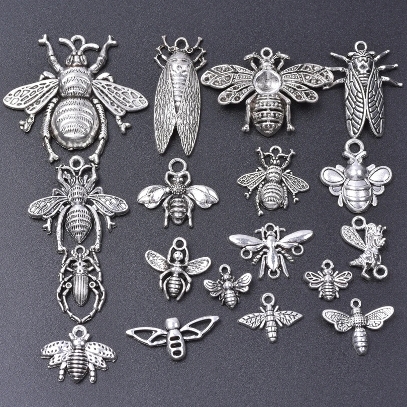 Silver Color Mixed Insect Charms For Jewelry Making Bee Pendant Alloy Cricket Animal Pendant Women Men Accessories DIY Necklace