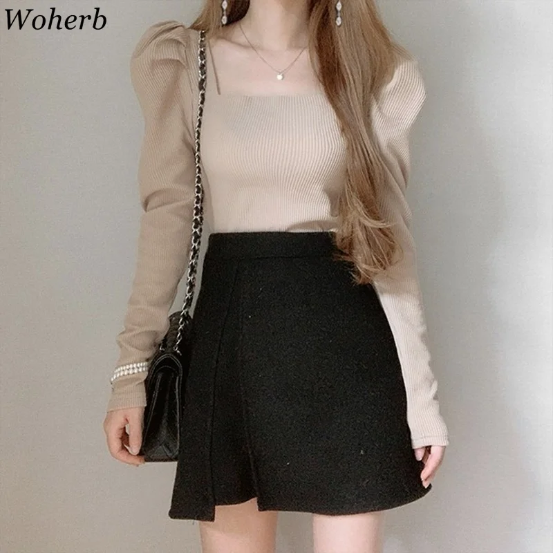 Woherb Chic Square Collar Puff Sleeve Vintage Thin Pullover Slim Fit Pleated Solid Sweater Autumn Spring 2024 New Knit Top