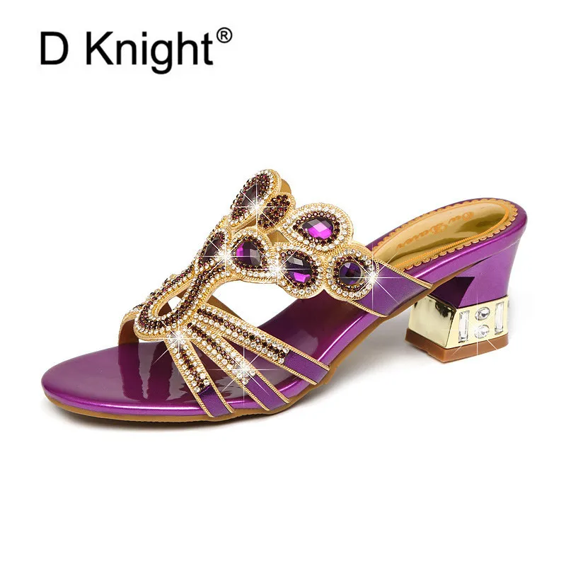 

Women Sandals Crystal Strappy Mule Heels Sandals Slippers Women High Heels Flip Flops Slides Party Shoes Woman Large Size 33-41