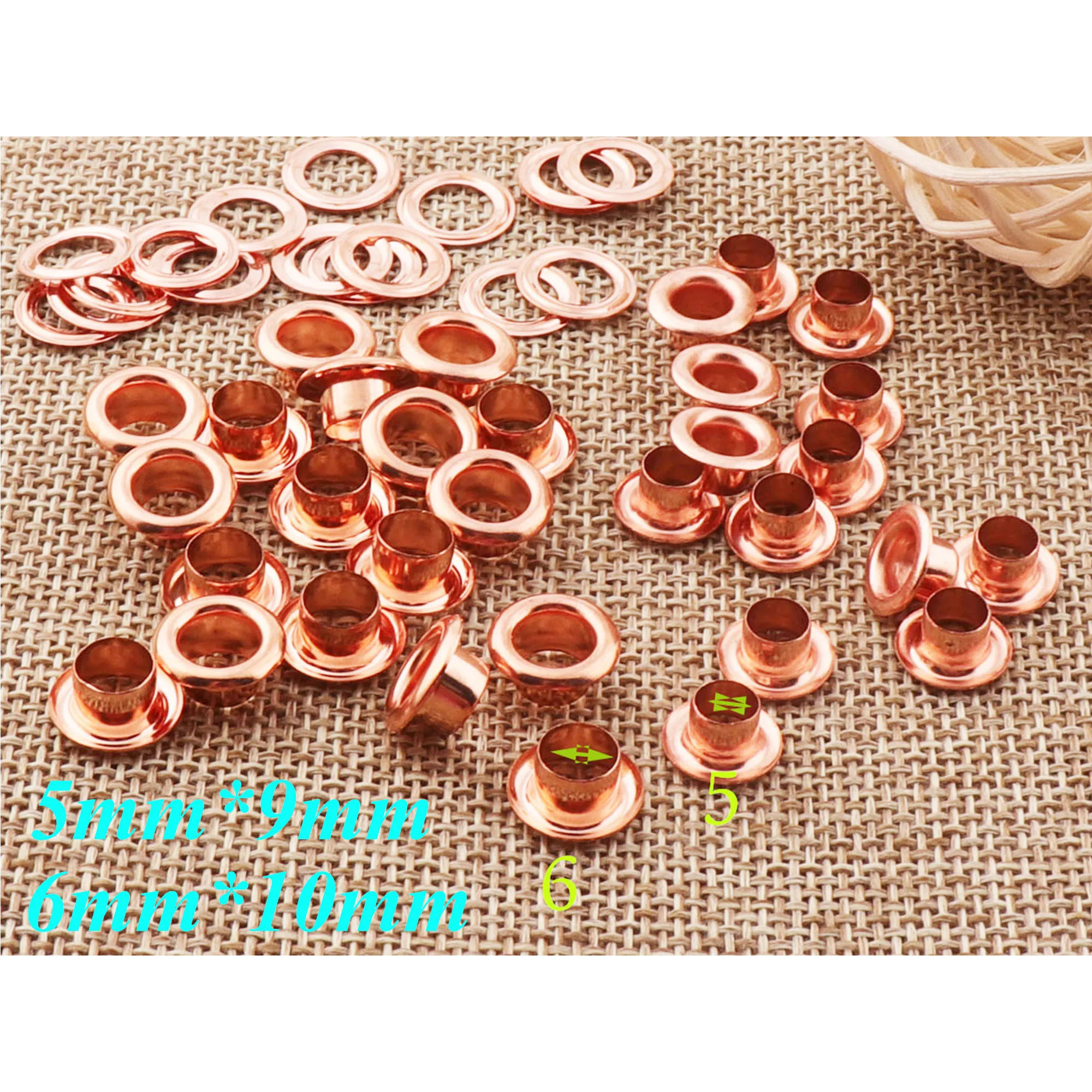 100 Set di Metallo In Oro Rosa Occhielli Passacavi con Rondelle Barile borsa di Tela In Pelle Fare Dei Monili 5 millimetri di Diametro 6 millimetri
