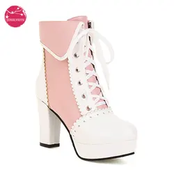 Brand Design High Quality Sweet Cute Platform Lolita Boots Lace-up Cosplay Platform Thick High Heel  Ankle Boots Big Size 34-48