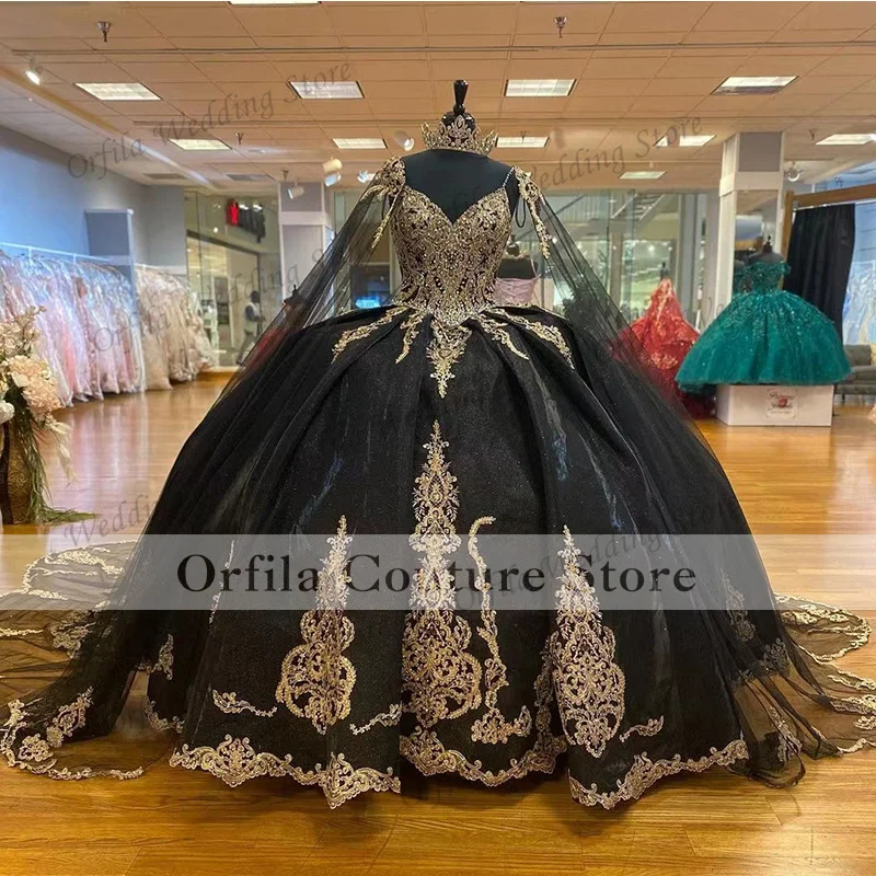 Black Mexican Ball Gown Quinceanera Dresses With Warp Applique Customized Sweet 16 Dress Party Wear Xv Años Vestidos De 15 Años