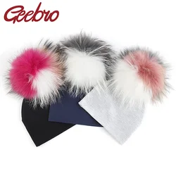 Geebro Newborn baby Solid Color Beanies hats With triple color Fur Raccoon Pompom Girls Boys Kids Soft Cute Cotton skully hats