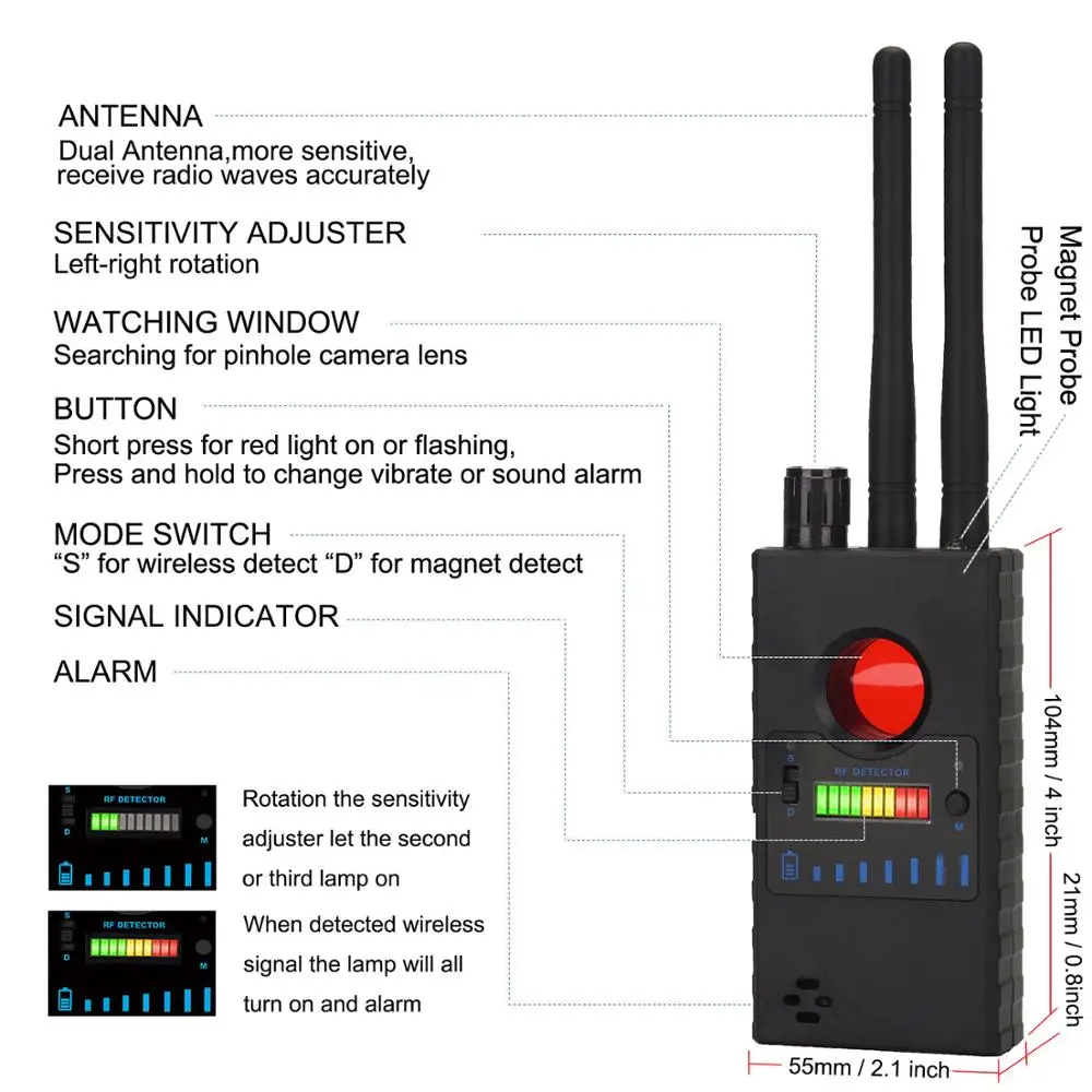 G528 Chống Gián Điệp Máy Phát Hiện Camera LED Quét Hồng Ngoại RF Phát Hiện Tín Hiệu Không Dây Lỗi Micro Cam GSM GPS Tracker