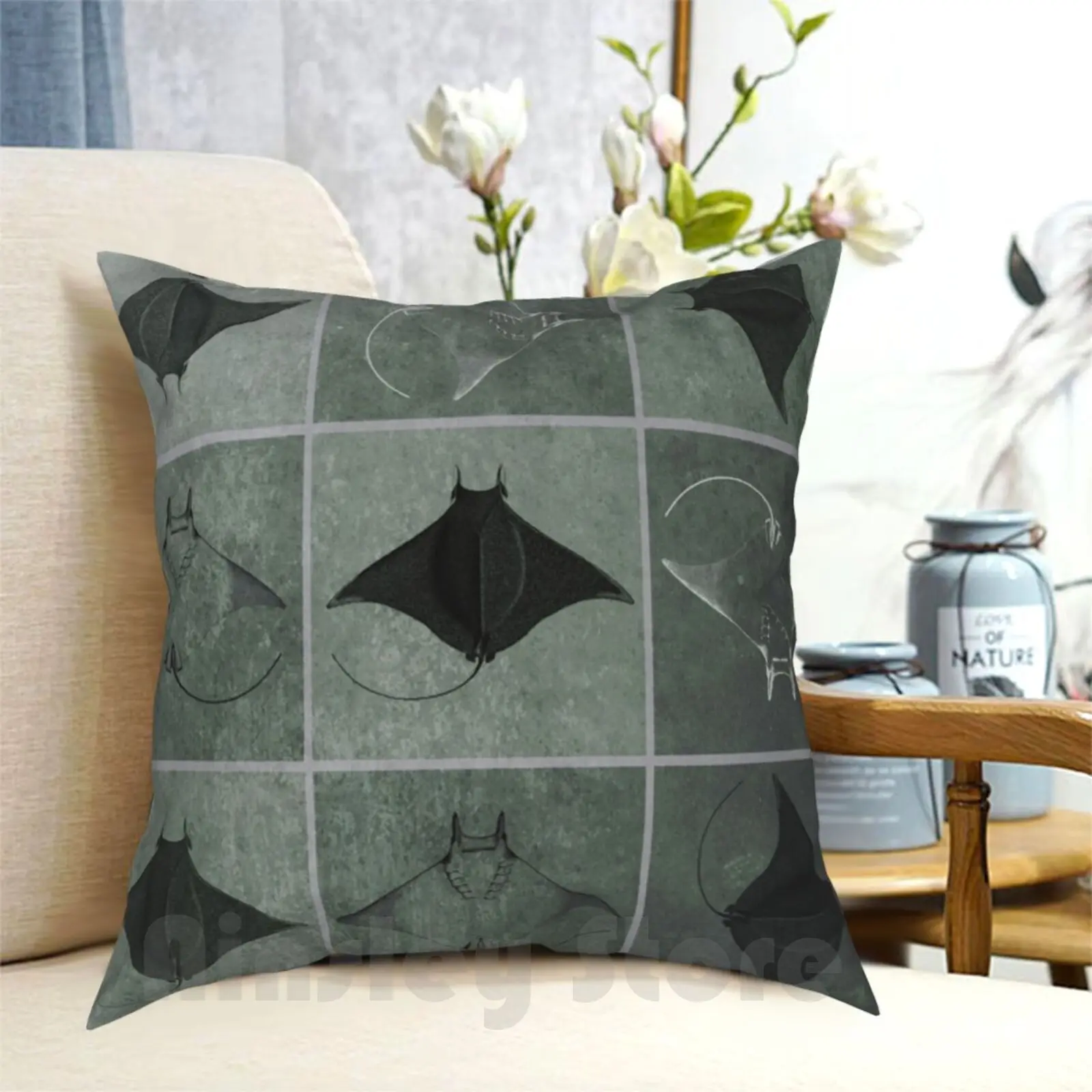 Manta Four Pillow Case Printed Home Soft Throw Pillow Ray Sea Ocean Sea Life Grid Etching Vintage Retro