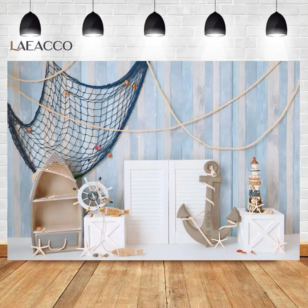 Laeacco Childlike Baby Summer Sailing Wood Boat Anchor Wheel Rudder Fishing Net Party Photo Backdrop Photo Background Photocall