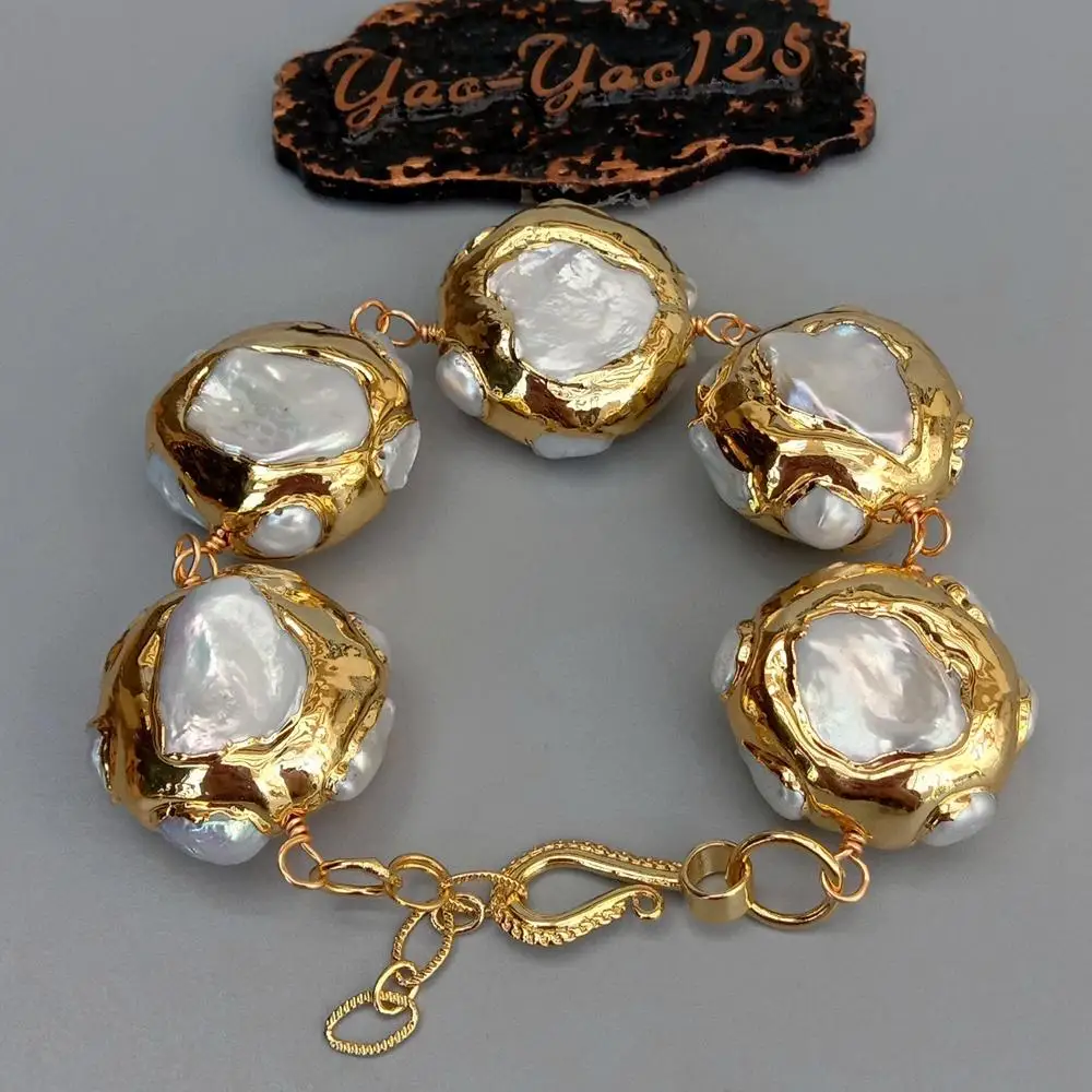 YYGEM 25x28mm natural Cultured White Keshi Freshwater Pearl Electroplated Gold color plated wrap Bracelet 8.5