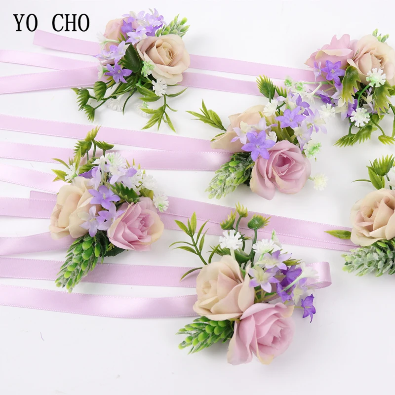 YO CHO Bruiloft Corsages En Boutonnières Hoge Kwaliteit Zijde Rose Orchidee Bloem Meisje Corsages Prom Lint Kunstmatige Pols Bloemen