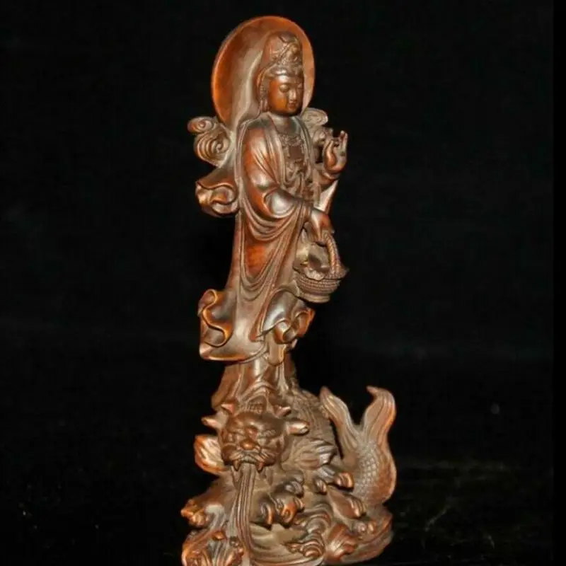 China Buddhis Boxwood wood Dragon fish Kwan-yin Kuan-yin Guanyin Quan Yin Statue