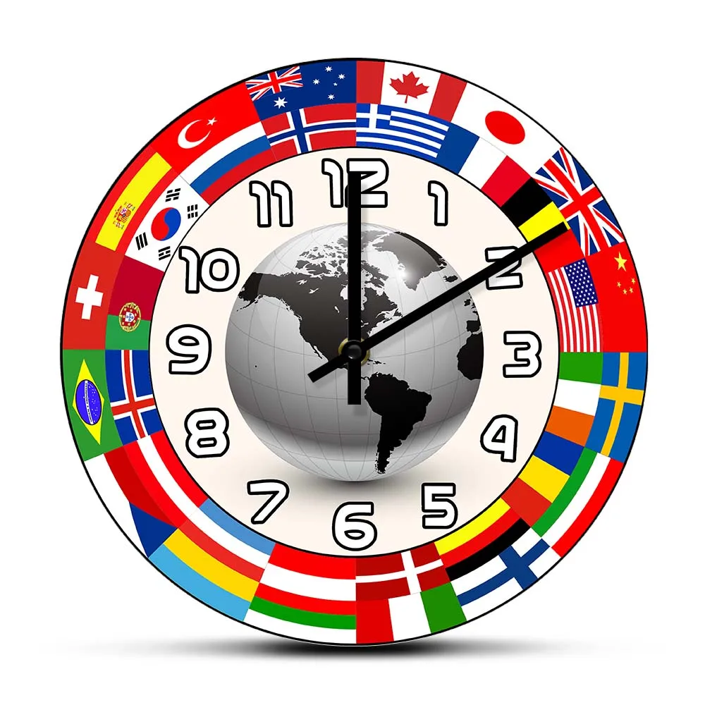 

Ring of Flags Around Earth Wall Clock Modern Design Office Decor Planet World Flags Printed Wall Clock Globe Travel Lovers Gift