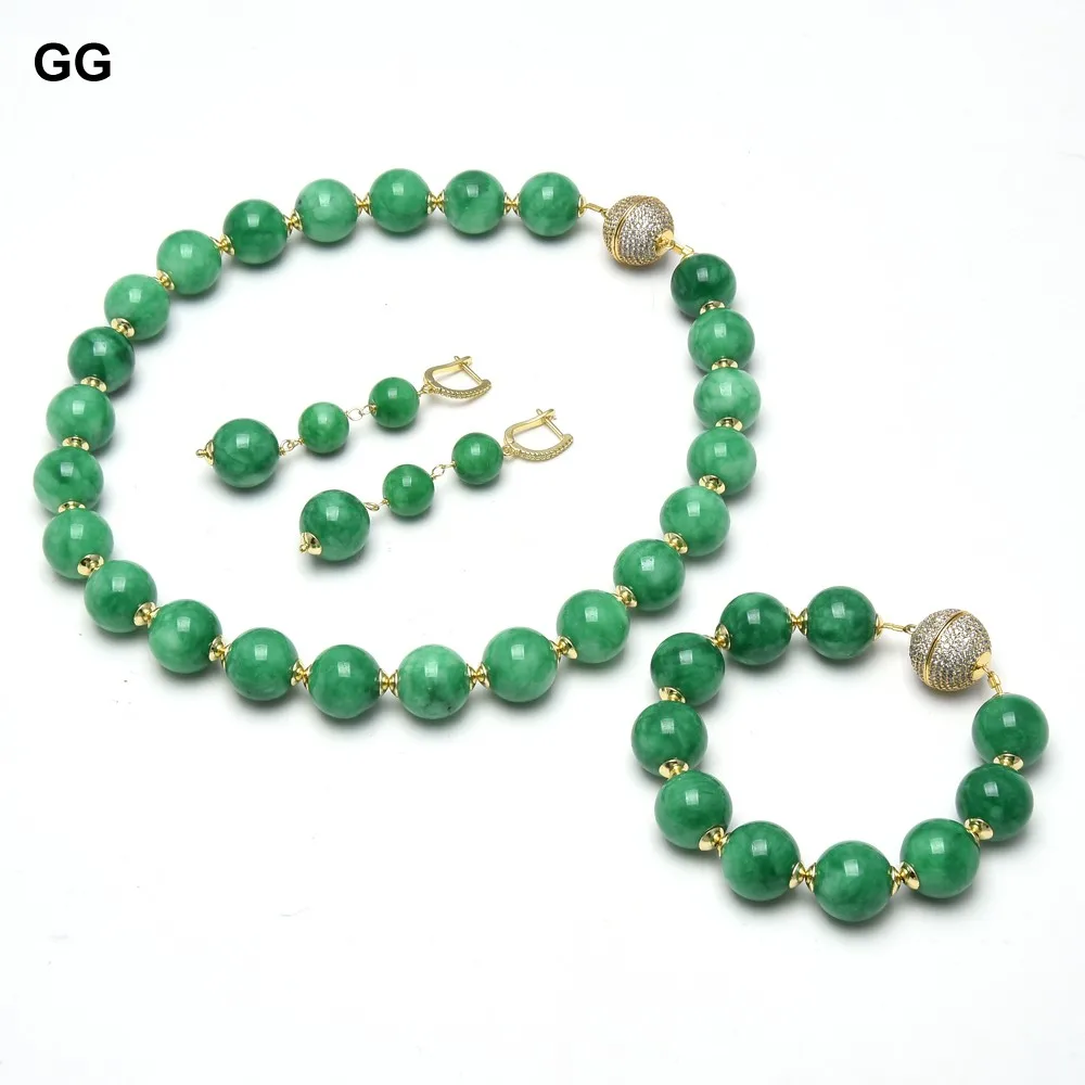 GuaiGuai Jewelry 16MM Green Jades Stone Gold Color Plated CZ Clasp Chokers Necklace Bracelet Earrings Sets Handmade For Wome