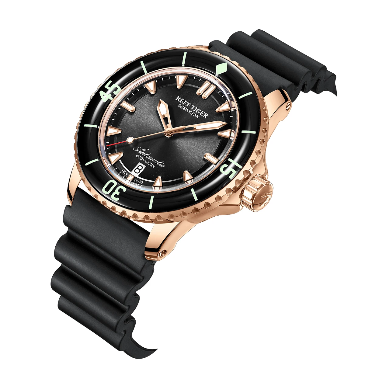 Reef Tiger/RT Top Brand Watch For Men Mechanical Dive Watches Rose Gold Rubber Strap Luminous Waterproof Watch RGA3035