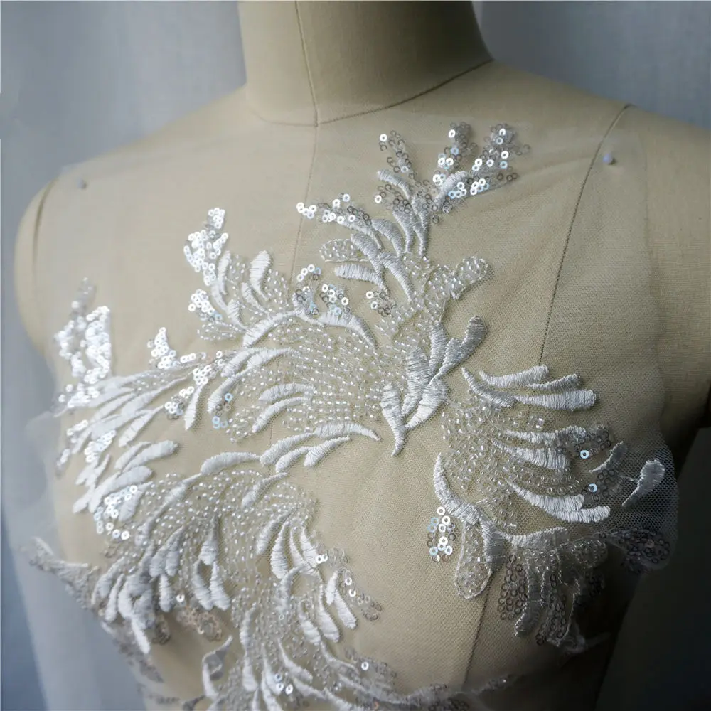 White Lace Fabric Silver Sequin Beads Embroidered Flora Gown Appliques Collar Mesh Sew Patch For Wedding Decoration Dress DIY