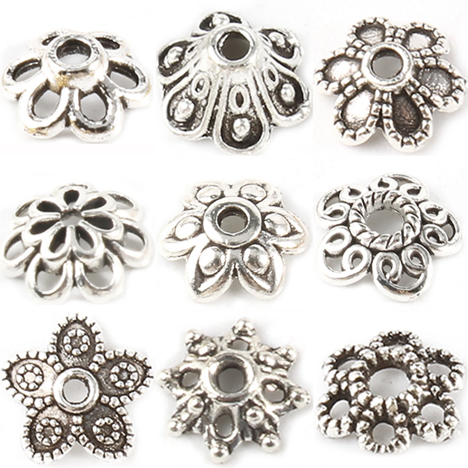 20-200pcs Tibetan Antique Silver Color Flower Bead End Caps Metal Spacer Hollow Beads For Jewelry Making Needlework Accessories