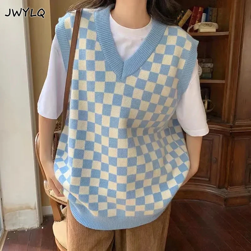 Plus Size 3xl Plaid Printing V-neck Vest Women Korean Basic Sleeveless Preppy Style Knitted Sweater New Loose Oversized Sweaters