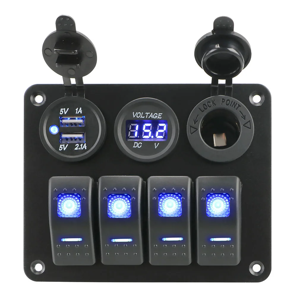 4 Gang LED Rocker Switch Panel Interior Accessories Circuit Breaker Waterproof Aluminum Panel Dual USB Port Digital Voltmeter