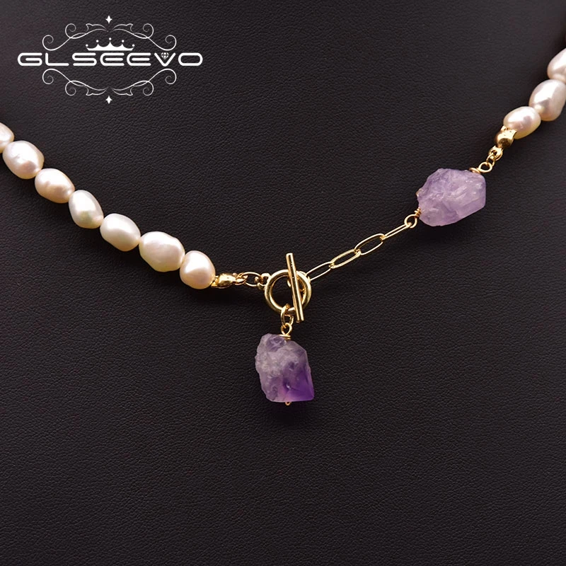 GLSEEVO Natural Freshwater Pearl Adjustable Amethyst Necklace Women\'s Wedding Sweater Chain Luxury Jewelry GN0296