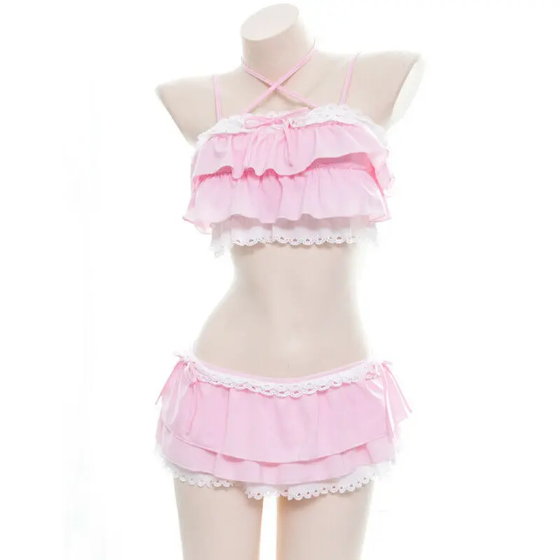 Leuke Meisjes Lolita Ruche Bikini Sukumizu Cosplay Roze En Zwarte Kleur Badpak Uitgeholde Multilayer Zoom Biquini Vrouwen Badmode