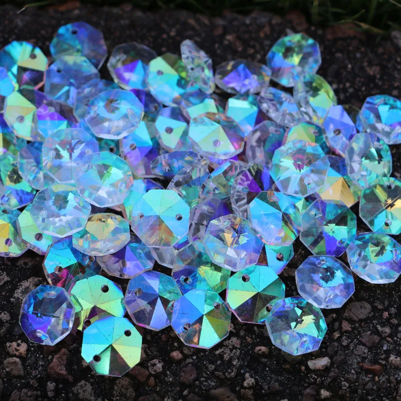 100pcs AB Color 14mm 2 Hole Crystal octagon Beads Crystal Glass Chandelier Parts hanging Drop