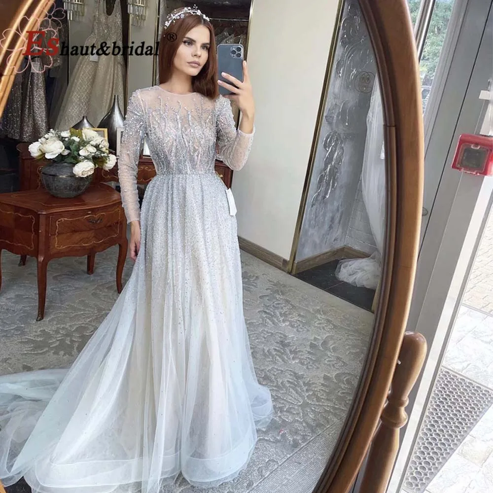 Elegant Evening Night Dresses for Women 2023 Long Sleeves O Neck A-Line Luxury Crystal Handmade Formal Prom Wedding Party Gowns