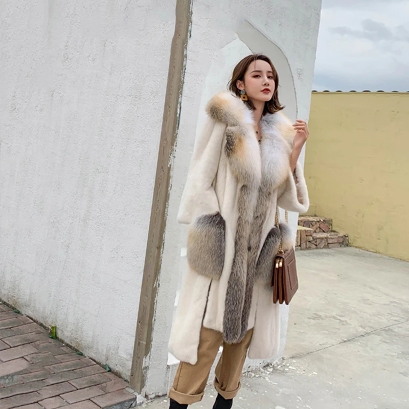 Ftangaiur New Winter Import Crown Velvet Mink Fur Coat Women Golden Island Fox Collar Pockets Natural Real Mink Fur Coats