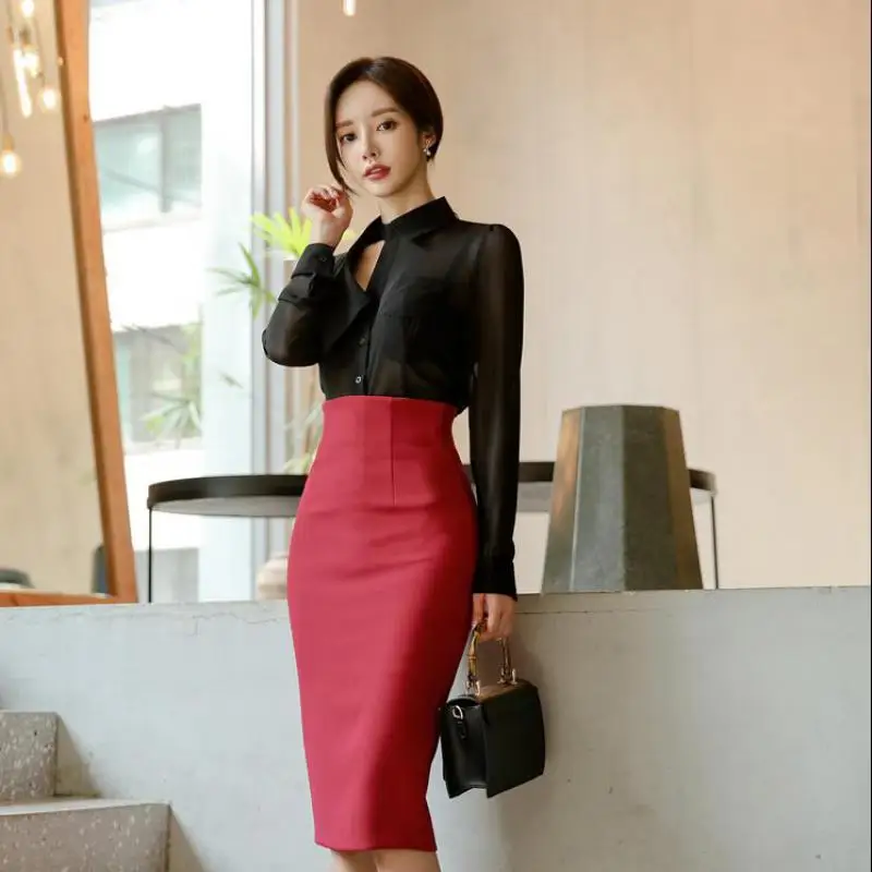 Women Elegant Sexy Korean Style Suit Sets See-through Chiffon Shirt And Package Hip Pencil Skirt High Waist Midi Skirts Jupe