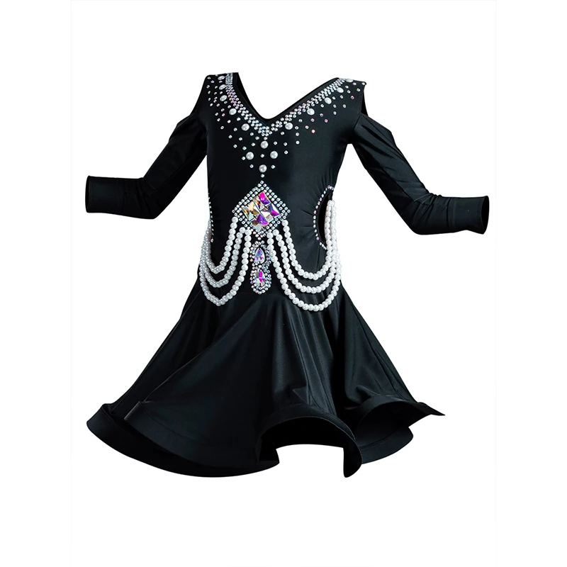 Latin Dance Dress Girls Rhinestone Competition Dance Costume Pearl Chain Cha Cha Samba Performance Clothing Black Dress BL6909