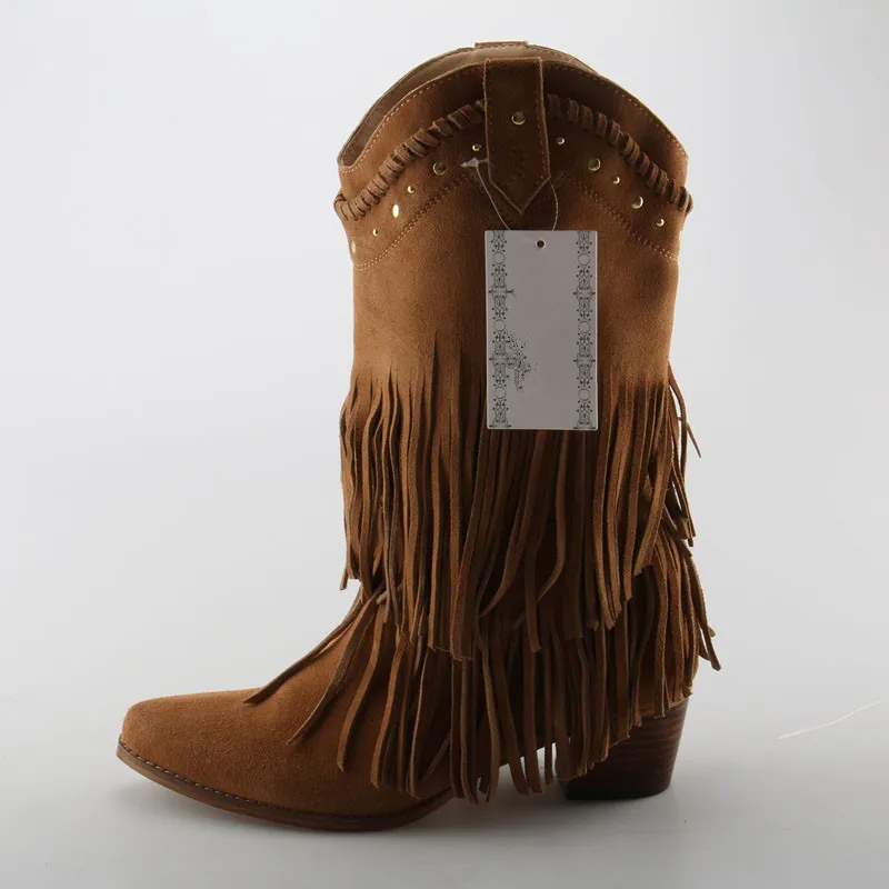 

Western Cowboy Woman Brown Tan Boots Mid-Calf Chunky High Heels Suede Fringe Winter Autumn Pointy studded Punk Feminina Shoes