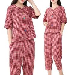 Set di lino in cotone di moda femminile Top scozzese a maniche corte estivo pantaloni corti Casual abito in due pezzi di lino per piccole donne A318