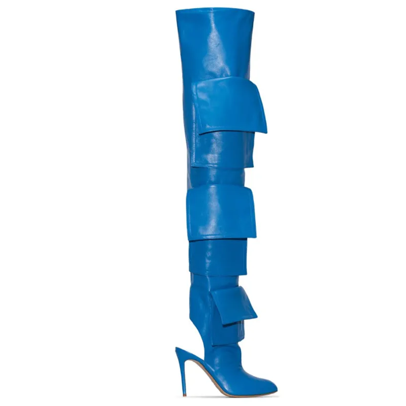 Dark Blue Leather Packet Designer Women Over Knee Boots New Pointed Toe Slingback Shoes Fashion Stiletto High Heels Knight Boots