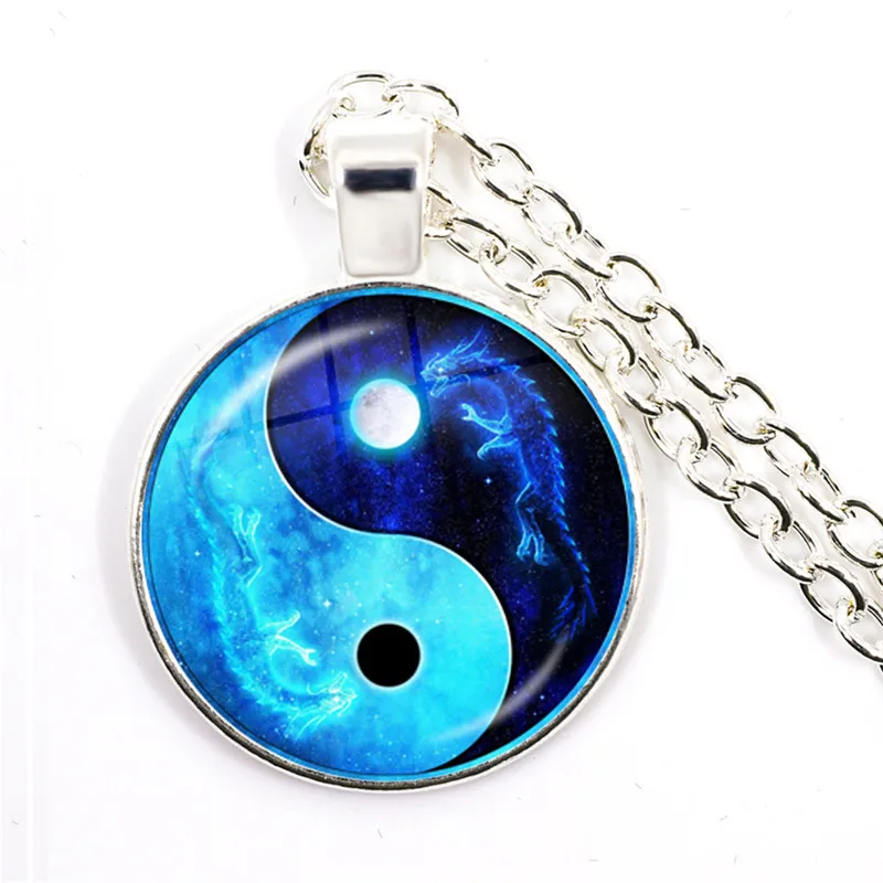 Collar Yin Yang de Tai Chi Unisex, colgante de cristal de cabujón de piedra de tiempo, cadena de dragón, Luna, Yin Yang, collares de joyería, regalo