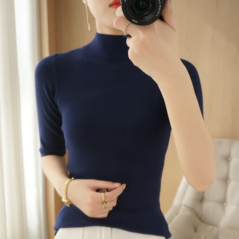 Knitted Short sleeve Spring and Summer  Half turtleneck Pullovers Slim  Sweaters  Women Short sleeve Cashmere Sweater Women