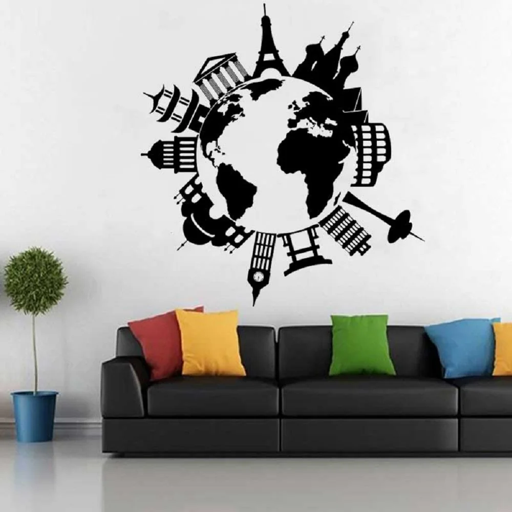 Ziemia słowo mapa famou atrakcja vinyl naklejka ścienna world travel route naklejka biuro podróży dekoracja drzwi home mural do salonu
