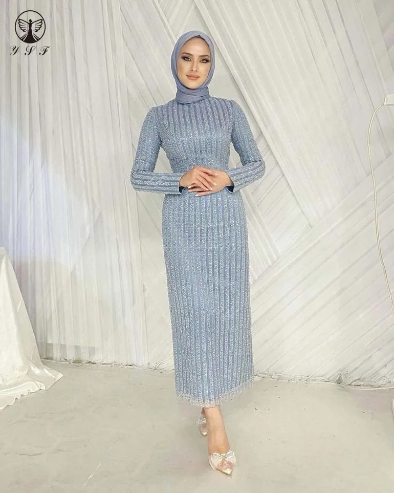 

Muslim Mother Dresses High Collar Beaded Stones Lace Long Sleeve Sheath Ankle Length Formal Evening Gown