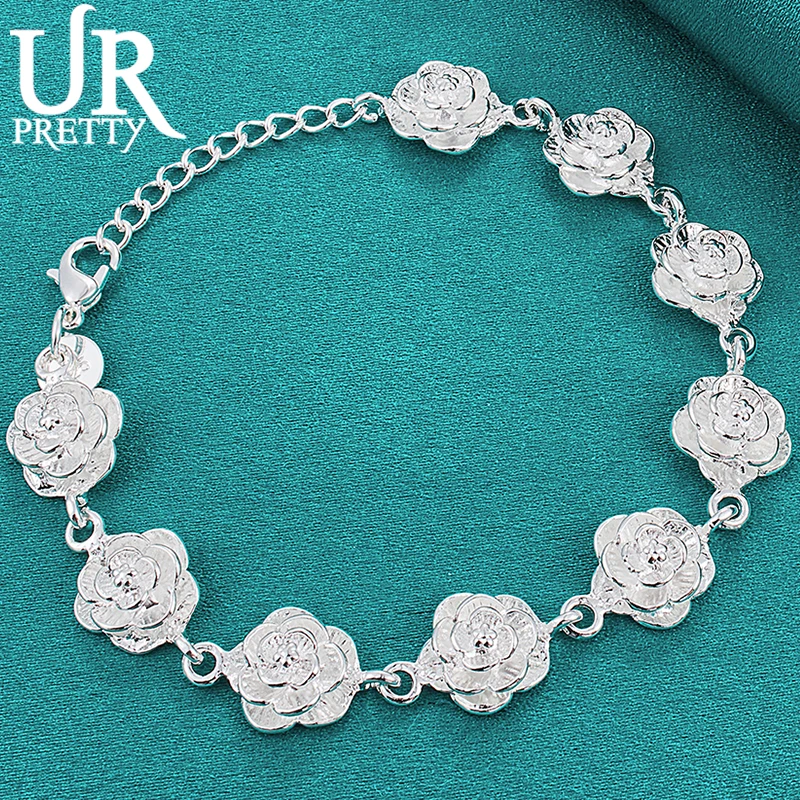 

URPRETTY 925 Sterling Silver Nine Roses Chain Bracelet For Man Women Wedding Party Engagement Charm Jewelry