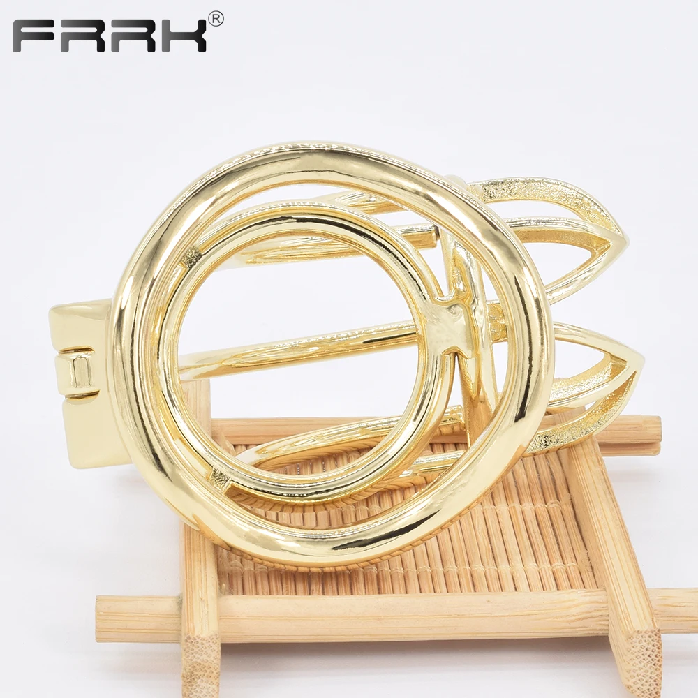 FRRK Gold Chastity Cage Metal Golden Male Bondage Belt Devices Steel Cock Ring Curve Penis Sleeve BDSM Lockable Sex Toys for Men