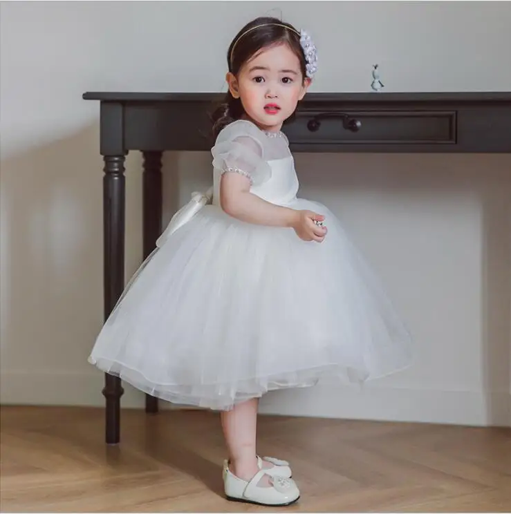 White Lace Beads Christening Dress for Baby Girl First Birthday Outfit Newborn Kids Party Dress Baptism Baby Girl Dress Wedding