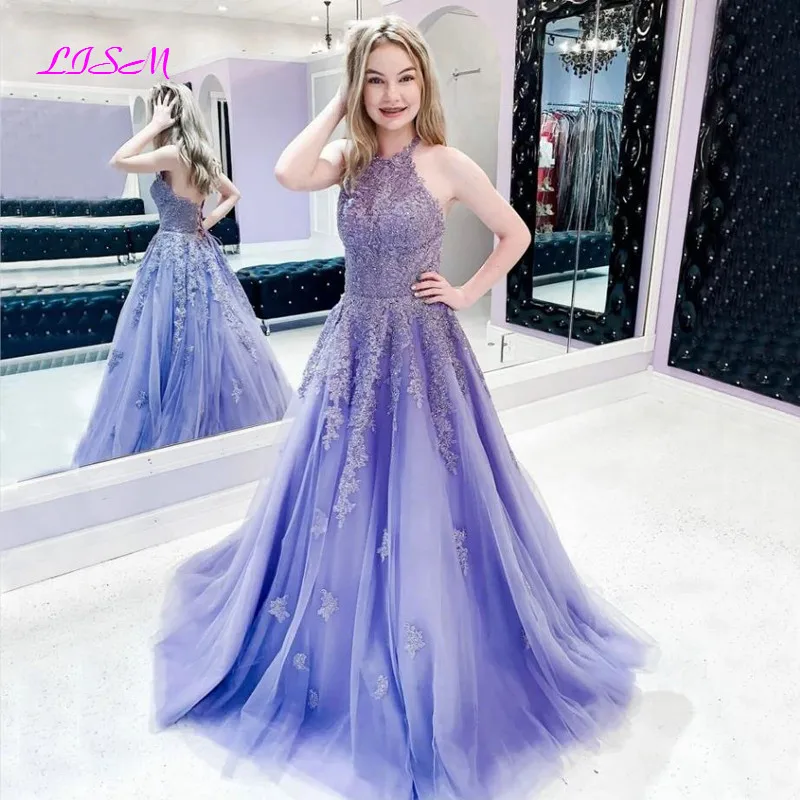 Gaun Prom Ungu Lavender Gaun Pesta Manik-manik Appliqued Berenda Panjang Gaun Formal Malam Punggung Terbuka Seksi Vestidos De Fiesta Largos