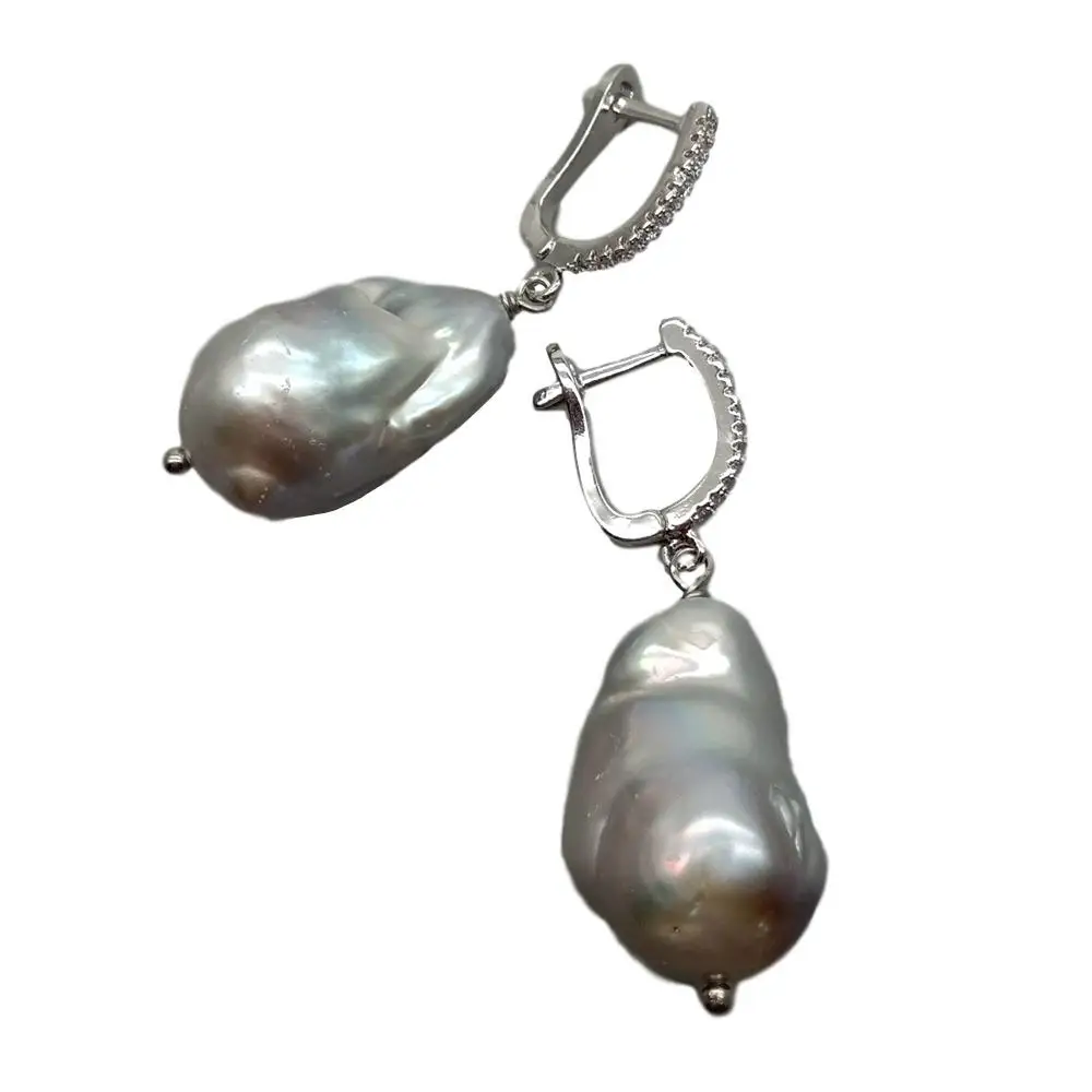 

YYGEM natural Cultured Silver Gray Nucleated Flameball Baroque Pearl Cubic Zirconia Pave LeverBack dangle Earrings