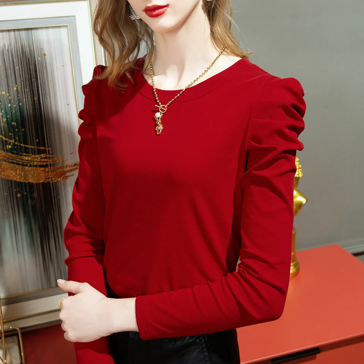 Long-sleeved T-shirt Women\'s Autumn and Winter New Solid Color Cotton Pleated Puff Sleeve Design Knit Round Neck Top