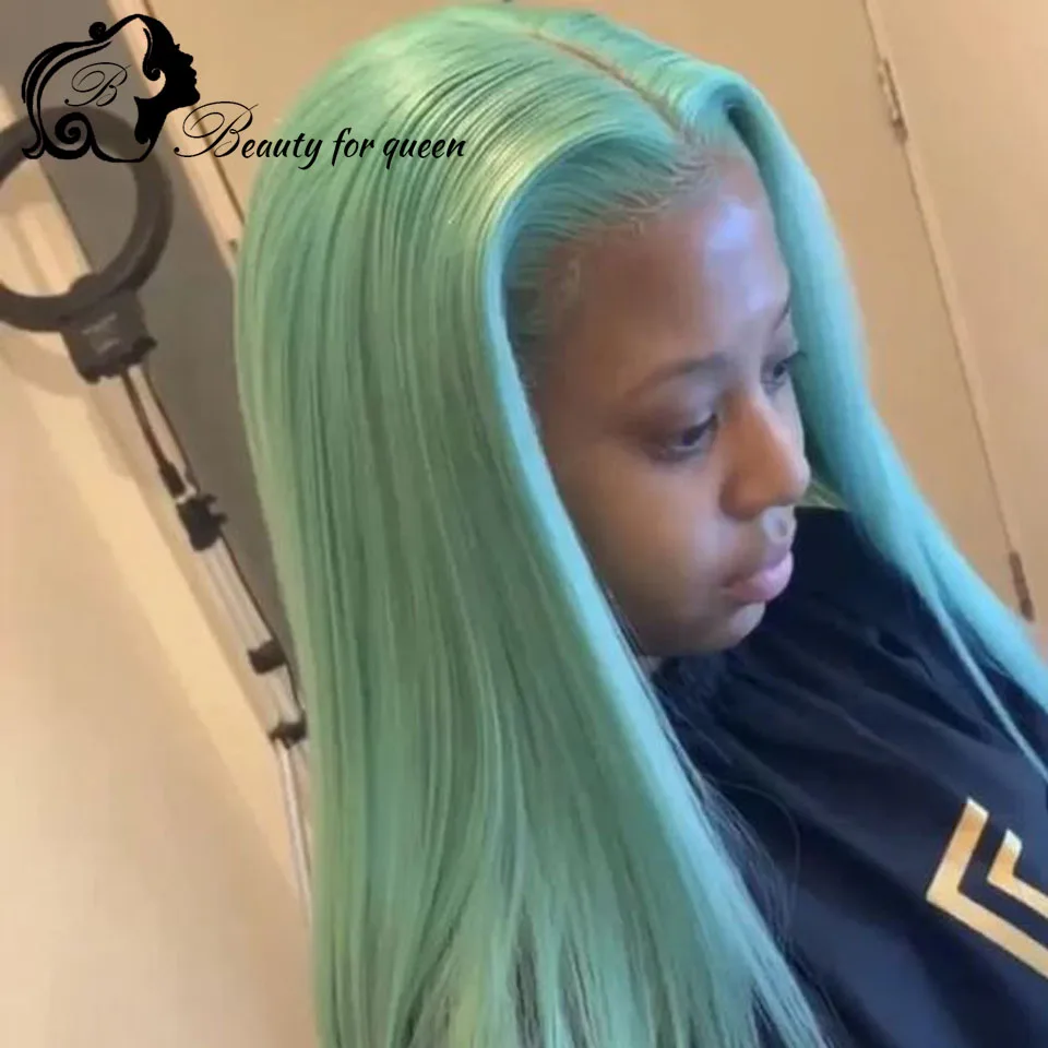 

Цветные длинные прямые 13x4 косплей парик из человеческих волос Wear And Go бесклеевые для женщин предварительно сорванные мятно-зеленые кружевные фронтальные парики