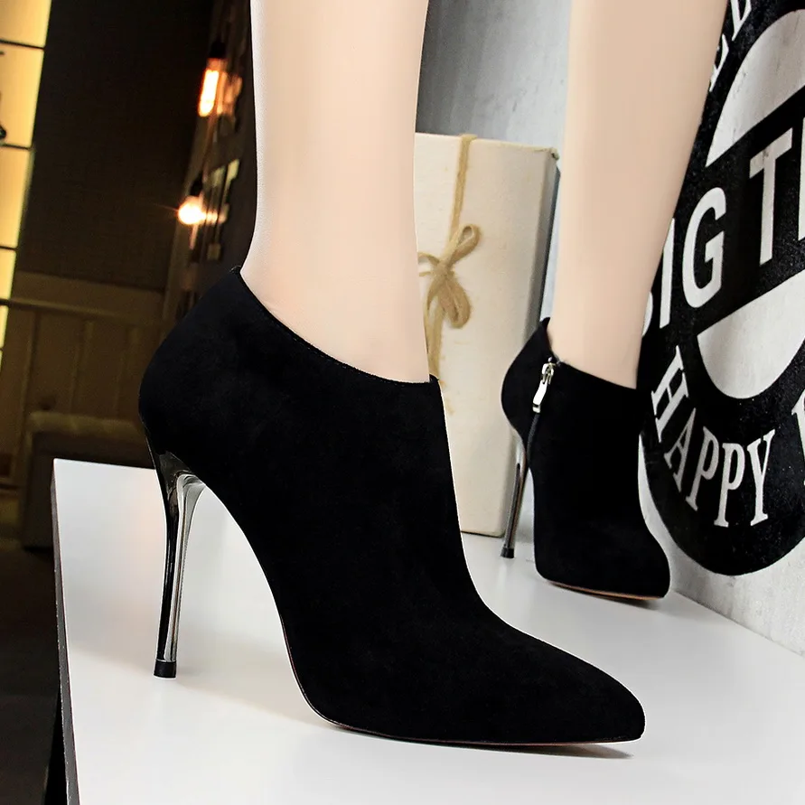 Autumn Pointed Toe Metal Heel Fashion Ladies Ankle Boots High Heels Shoes Women Solid Flock Side Zipper Concise Short Boots