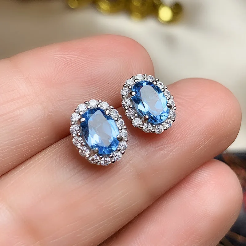 

Classic Silver Topaz Stud Earrings for Woman 5mm*7mm Natural Light Blue Topaz Earrings Simple Topaz Silver Earrings