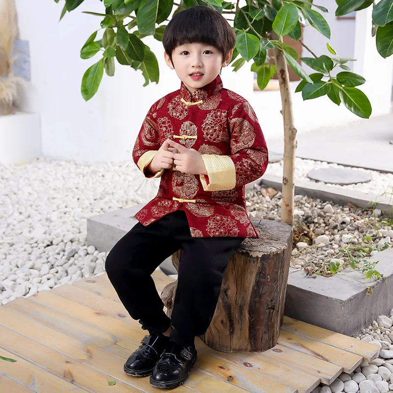 2021 Children Coat Chinese Style Costume Baby Boys Tang Clothes Kids Coats Boy Outfits Outwear Tops Mink Hair Chinese Knot 2-14