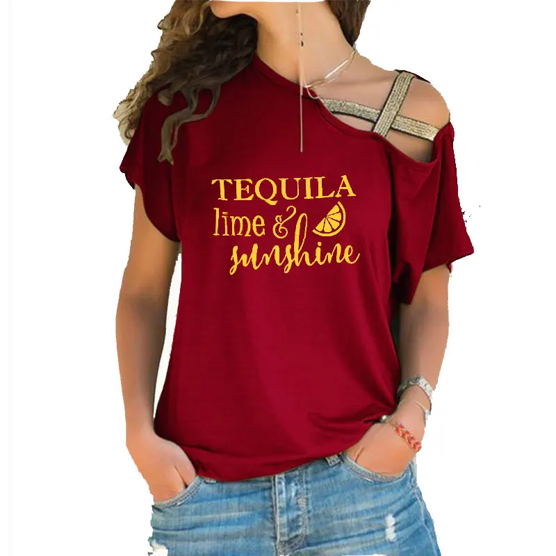 Camisetas con estampado de letras de Tequila Lime & Sunshine para mujer, camiseta de manga larga para mujer, camisetas cruzadas de madeja Irregular