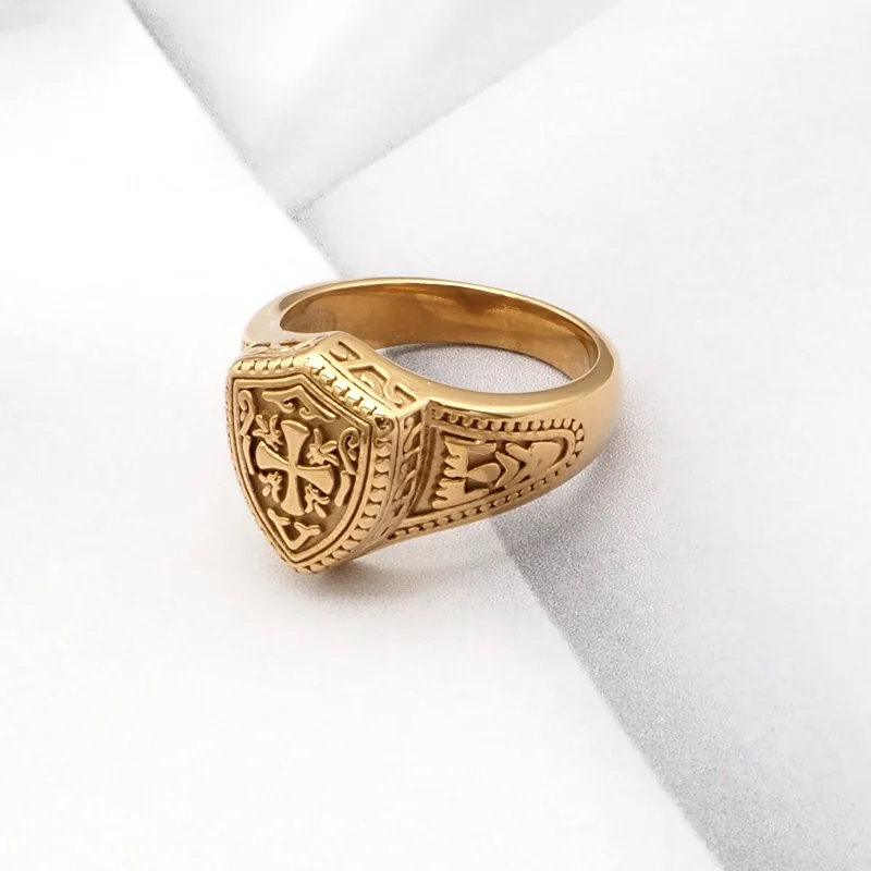 Gothic Temple Gold Plated Cross Knight Women's Ring Shield Guards High Quality Jewelry Wholesale Gift